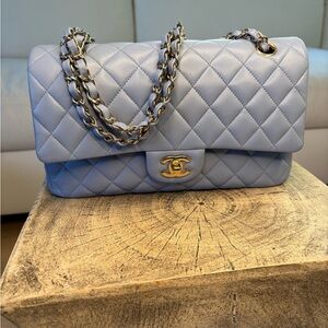 CHANEL Quilted Double Flap Shoulder Bag in Pastel Blue with Gold Hardware